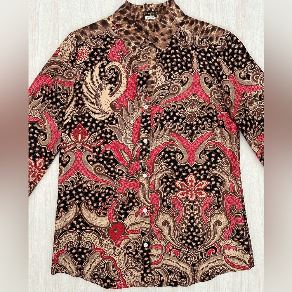 J. McLaughlin Paisley Button Down Shirt - Red and Cheetah Print - Picture 5 of 12